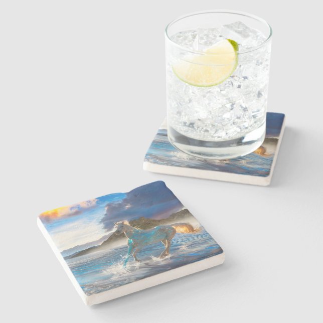 Arabische Pferde auf Stellar Island #2 Steinuntersetzer (Seitenansicht)