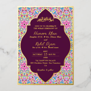 Arabische Pflaume Lila Gold Verzierte Muslimische Folieneinladung