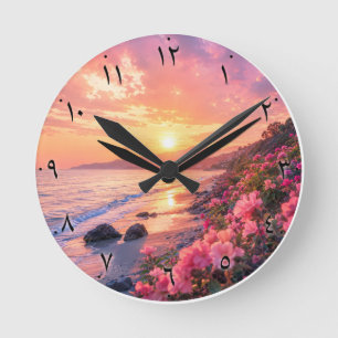 Arabische Ziffern Sonnenuntergang Strand Wanduhr