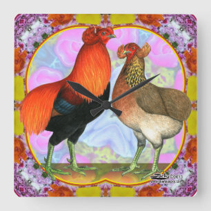 Araucani - Chickens Art Nouveau Quadratische Wanduhr