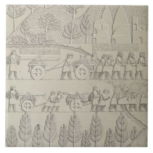 Arbeiter mit Werkzeugen und Seile für die Bewegun Fliese