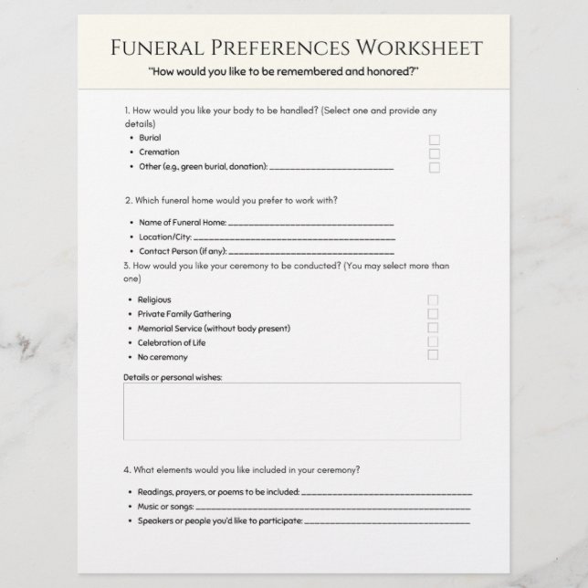 Arbeitsblatt für Bestattungswünsche Briefbogen (Vorderseite)
