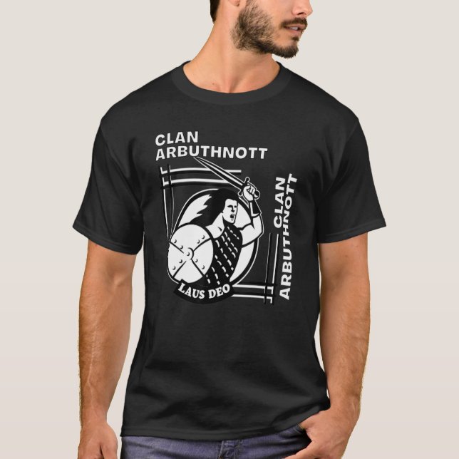 Arbuthnott Clan Gaelic Motto Swordsman T-Shirt (Vorderseite)