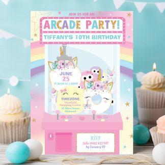 Arcade Birthday Party Girl Rainbow Unicorn Einladung