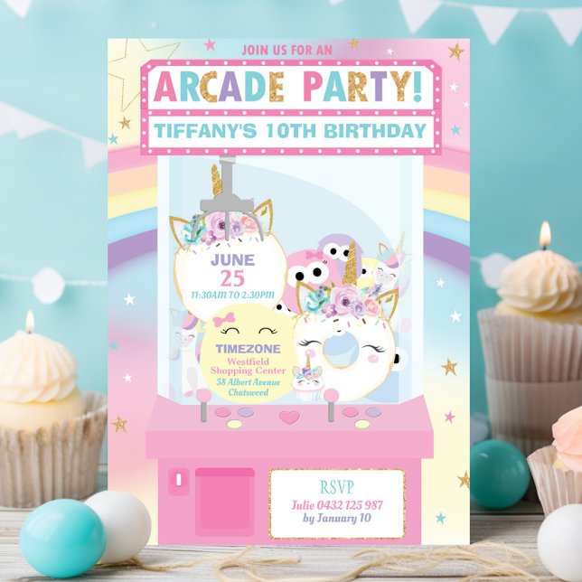 Arcade Birthday Party Girl Rainbow Unicorn Einladung (Von Creator hochgeladen)