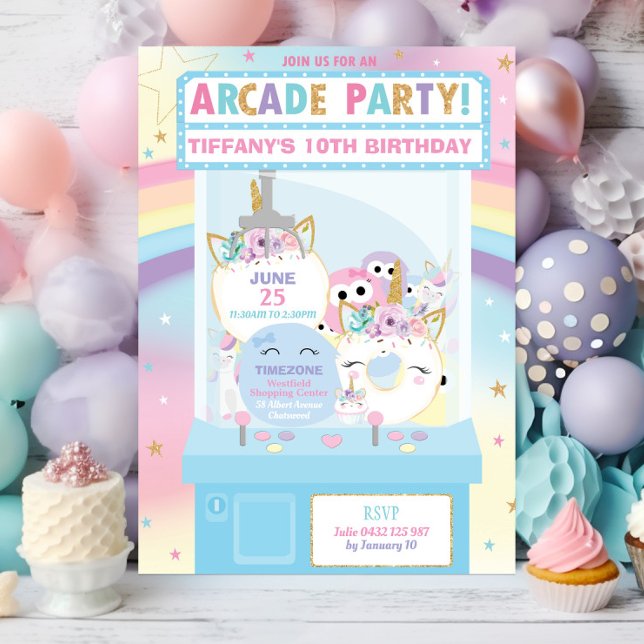 Arcade Birthday Party Girl Rainbow Unicorn Einladung (Von Creator hochgeladen)