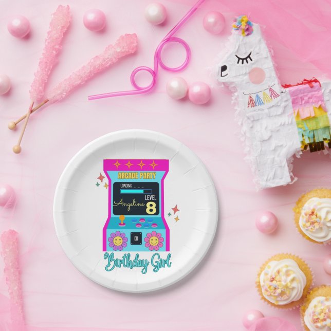 Arcade Game Retro Birthday Party Blue Pink Pappteller (Party)