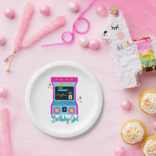 Arcade Game Retro Birthday Party Blue Pink Pappteller