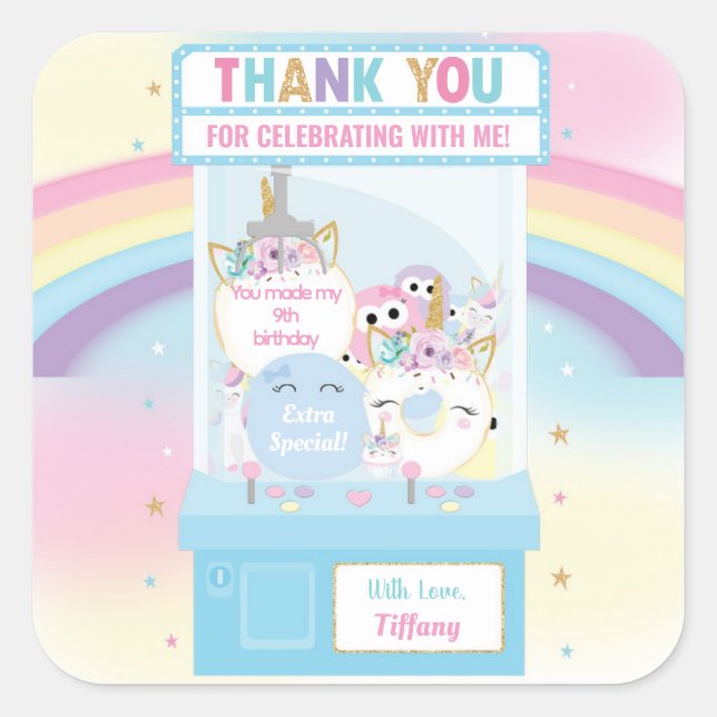 Arcade Girl Birthday Niedlich Blue Claw Machine Quadratischer Aufkleber (Vorderseite)