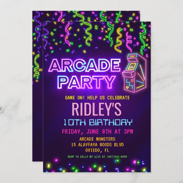 Arcade Party Geburtstag Einladung (Vorne/Hinten)