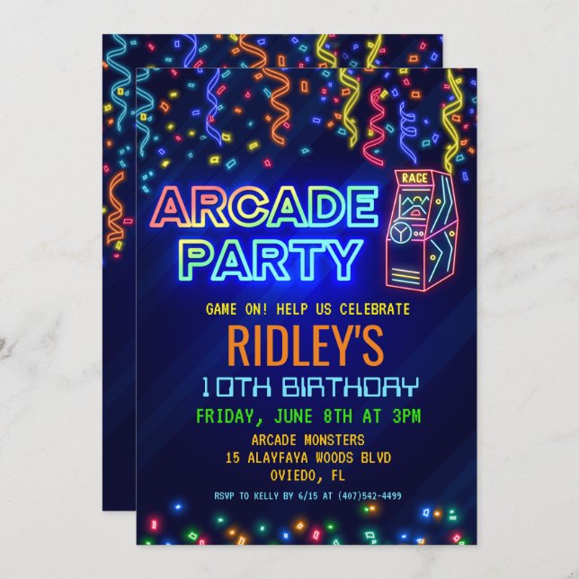 Arcade Party Geburtstag Einladung (Vorne/Hinten)