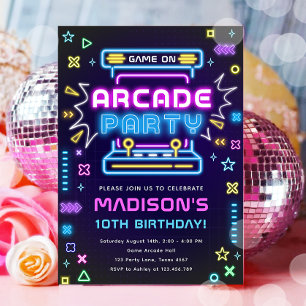 Arcade Party Glow Neon Video Game On Girl Birthday Einladung