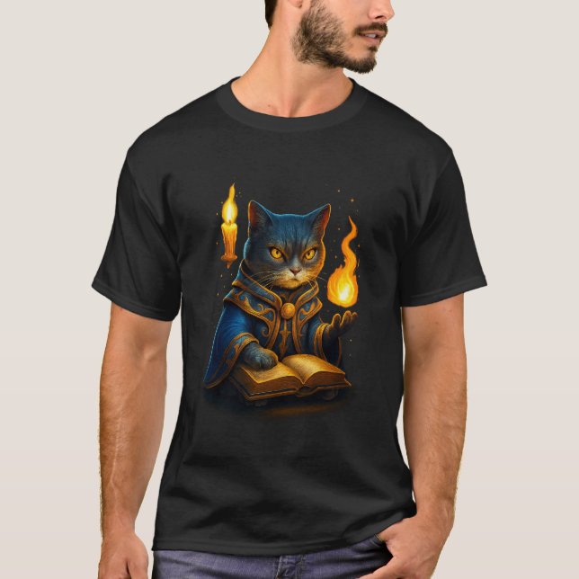 Arcane Wizard Cat – Flame Spellcaster T-Shirt (Vorderseite)