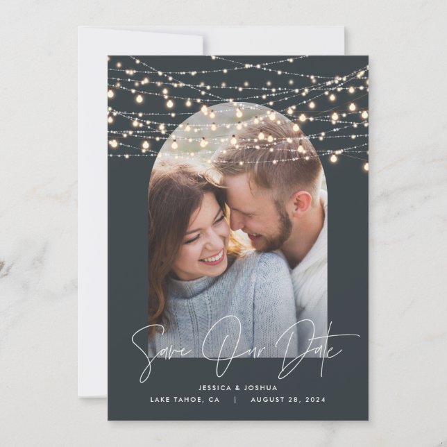 Arch 1 Foto String Light Skript Moderne Hochzeit Save The Date (Vorderseite)