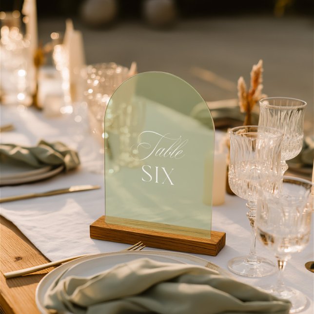 Arch Acrylic Sage Green Wedding Table 6 Nummer Acryleinladungen (Arch Acrylic Sage Green Wedding Table Six Number Invitations)