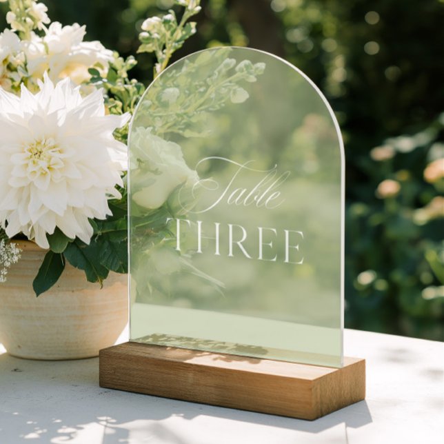 Arch Acrylic Sage Green Wedding Table Three Number Acryleinladungen (Arch Acrylic Sage Green Wedding Table Three Number)