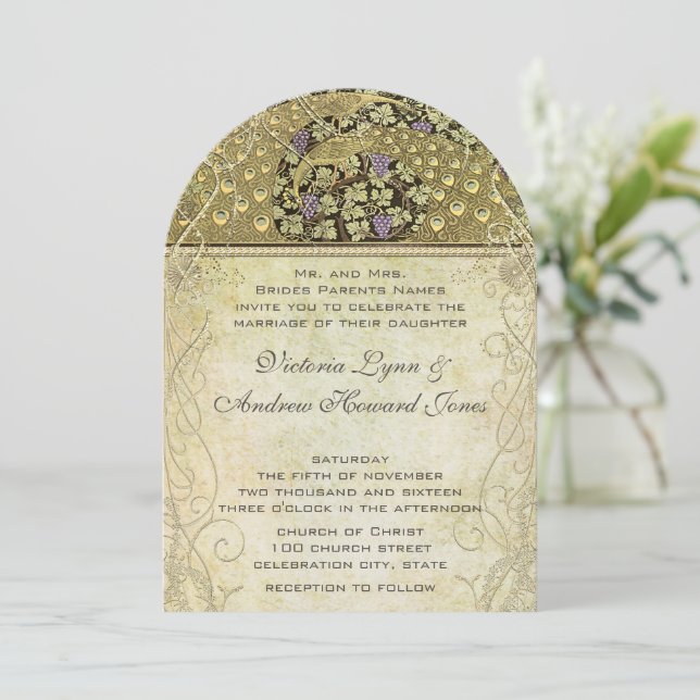 Arch Art Nouveau Peacock Birds Wedding Einladung (Stehend Vorderseite)