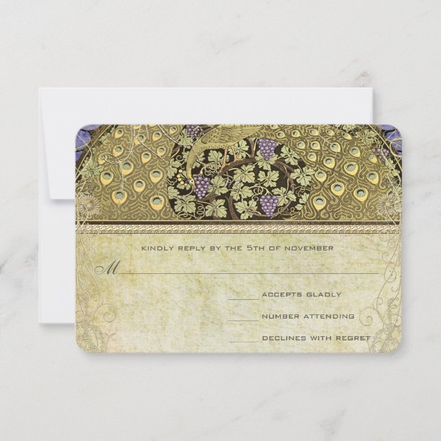 Arch Art Nouveau Peacock Birds Wedding RSVP (Vorderseite)
