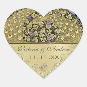 Arch Art Nouveau Peacock Birds Wedding Siegel Herz-Aufkleber