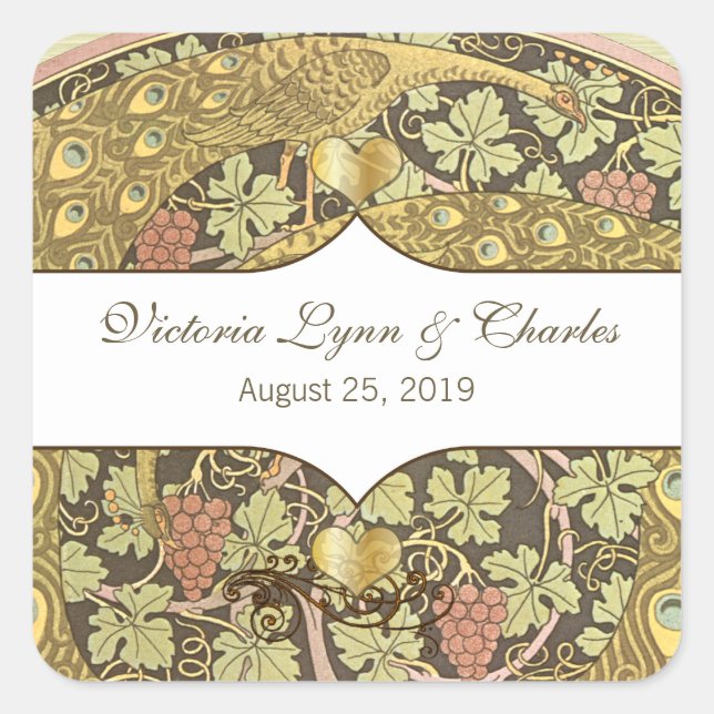 Arch Art Nouveau Peacocks Heart Wedding Siegel Quadratischer Aufkleber (Vorderseite)