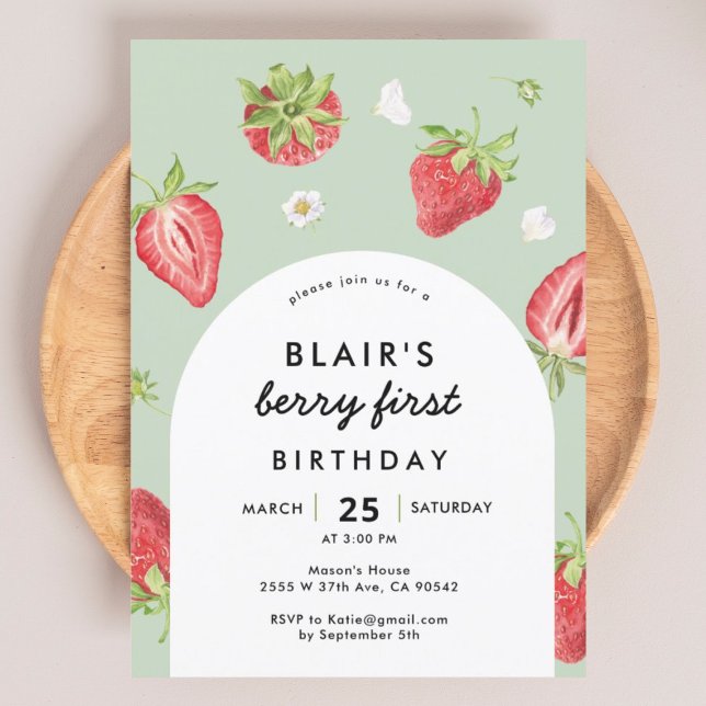 Arch Berry First Birthday Strawberry Thema Einladung (Von Creator hochgeladen)