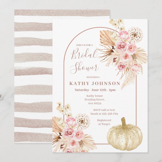 Arch Boho Pampas Grass und Pumpkin-Brautparty  Einladung (Vorne/Hinten)