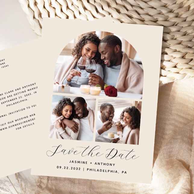Arch Collage Beige mit 3 Fotos Save the Date Postkarte (Von Creator hochgeladen)