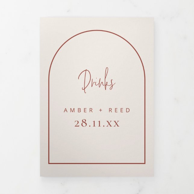 Arch Cream & Terracotta Drinks Menu für Hochzeiten Dreifach Gefaltete Karte (Cover)