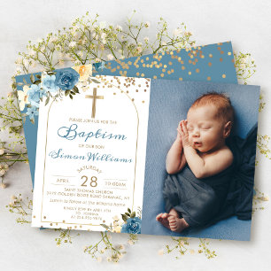 Arch Dusky Blue Floral Gold Glitzer Taufe Foto Einladung