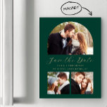 Arch Emerald Green Gold mit 3 Fotos Save the Date Magneteinladung<br><div class="desc">Diese einfache,  minimalistische Save the Date Magnetkarte verfügt über einen benutzerdefinierten Foto-Bogen über den Worten "Save the Date" in elegantem goldfarbenem Handschriftenskript,  gefolgt von den Namen der Ehepaare,  dem Hochzeitstag und der Stadt in sans serif Schriftart auf einem smaragdgrünen Hintergrund. Zwei kleinere,  quadratische Fotos erscheinen unten auf der Karte.</div>