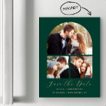 Arch Emerald Green Gold mit 3 Fotos Save the Date Magneteinladung<br><div class="desc">Diese einfache,  minimalistische Save the Date Magnetkarte verfügt über einen 3-Foto-Kollagenbogen über dem Wort "Save the Date" in elegantem goldfarbenem Handschrift-Skript,  gefolgt von den Namen der Ehepaare,  dem Hochzeitstag und der Stadt in sans serif Schriftart auf einem smaragdgrünen Hintergrund.</div>