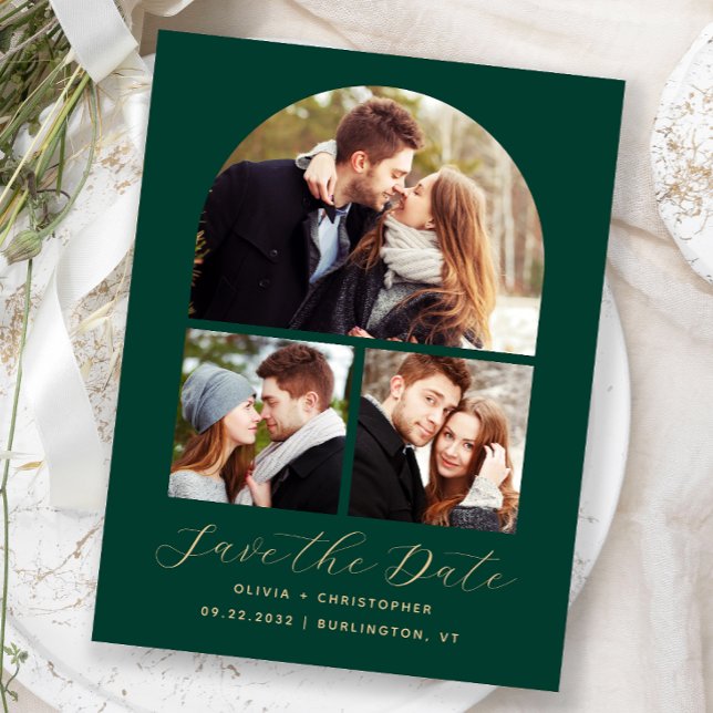 Arch Emerald Green Gold mit 3 Fotos Save the Date Postkarte (Von Creator hochgeladen)