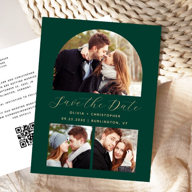 Arch Emerald Green Gold mit 3 Fotos Save the Date Postkarte (Von Creator hochgeladen)