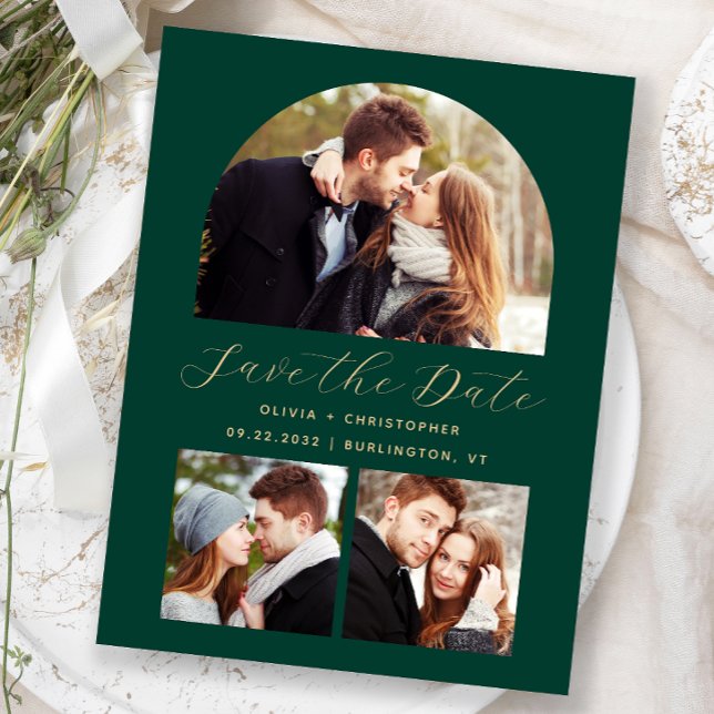Arch Emerald Green Gold mit 3 Fotos Save the Date Postkarte (Von Creator hochgeladen)