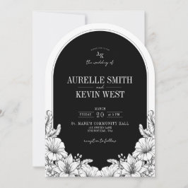 Arch Floral Schwarz Weiß Rustikale Monogramm Hochz Einladung