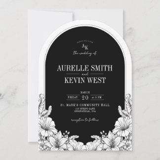 Arch Floral Schwarz Weiß Rustikale Monogramm Hochz Einladung