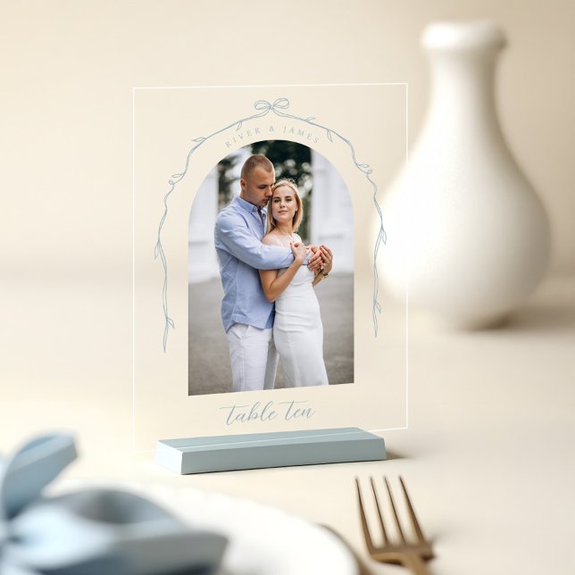Arch Foto Blue Bow & Ribbon Wedding Tischnummer Acrylschild (Arch Photo Blue Bow & Ribbon Wedding Table Number Acrylic Sign)