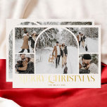 Arch Foto Collage Vintag Elfenbein Folien Feiertagskarte<br><div class="desc">Teilen Sie die Freude der Saison mit unserer atemberaubenden Weihnachtskarte. Diese wunderschön gestaltete Karte verfügt über eine 5-Foto-Collage mit einem auffälligen BogenvorlagenFoto in der Mitte, das Ihre hochgeschätzten Erinnerungen zeigt. Unten ist der Gruß "Frohe Weihnachten" elegant in einem extravaganten Vintagen Schriftart gestaltet, der eine Touch nostalgischen Charmes hinzufügt. Auf der...</div>