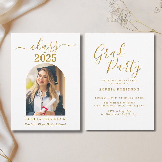 Arch Foto Elegante Gold Script Graduation Party Einladung (Von Creator hochgeladen)
