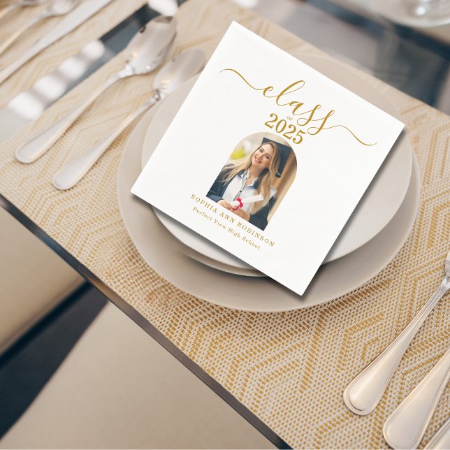 Arch Foto Elegante Gold Script Graduation Party Serviette (Von Creator hochgeladen)