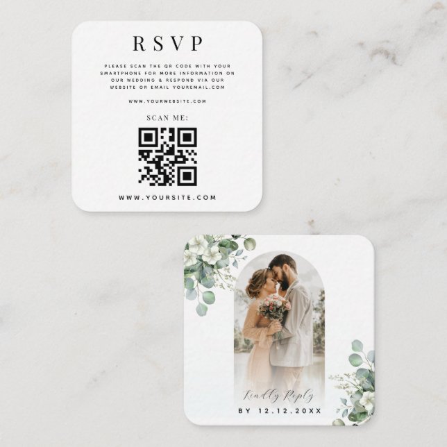 Arch Foto Eucalyptus QR Code Online Wedding RSVP Begleitkarte (Vorne/Hinten)