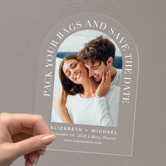 Arch-Foto-Hochzeit in Urlaubsort Save the Date Acryleinladungen (Make your wedding unforgettable with stunning arched acrylic save the dates—modern, elegant, unique!)