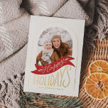Arch-Foto mit Handschrift Folien Feiertagskarte<br><div class="desc">Diese stilvolle und festliche Urlaubskarte bietet originelle Handschrift mit einer Banner-Illustration. Der dekorative Bogen kann man sich als Schneeglobe,  Türe,  Regenbogen,  Glocke usw. vorstellen. Passen Sie sich mit Ihrem eigenen Foto und Text an. Das kommt mit einem passenden Muster auf der Rückseite.</div>
