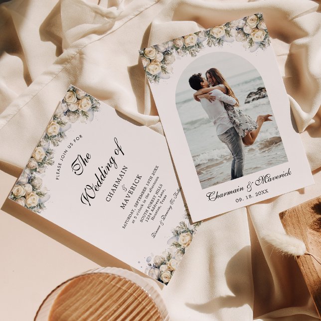 Arch Foto mit weißen Rosen Elegante Hochzeit Einladung (Von Creator hochgeladen)
