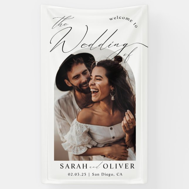 Arch Foto Moderne Script Hochzeit Willkommen Banner (Vertikal)