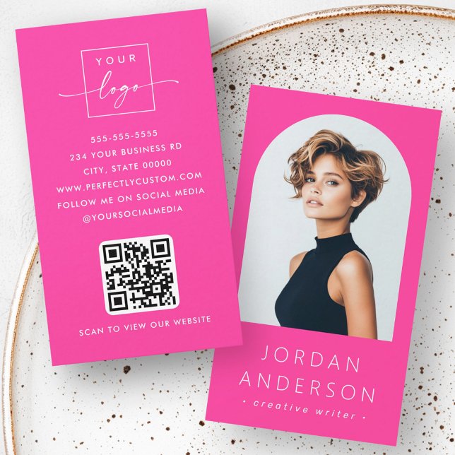Arch-Foto, modernes minimalistisches QR-Logo in Ro Visitenkarte (Arch photo modern minimalist QR code logo hot pink Business Card)