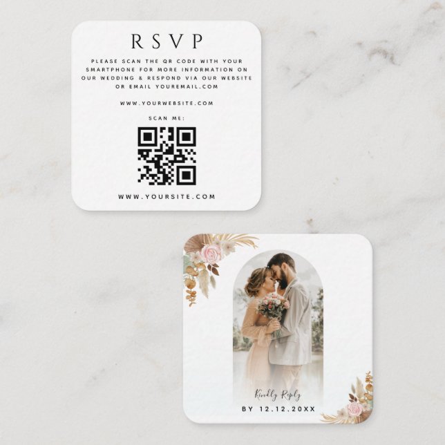 Arch Foto Pampas Grass Boho QR Code Wedding RSVP Begleitkarte (Vorne/Hinten)