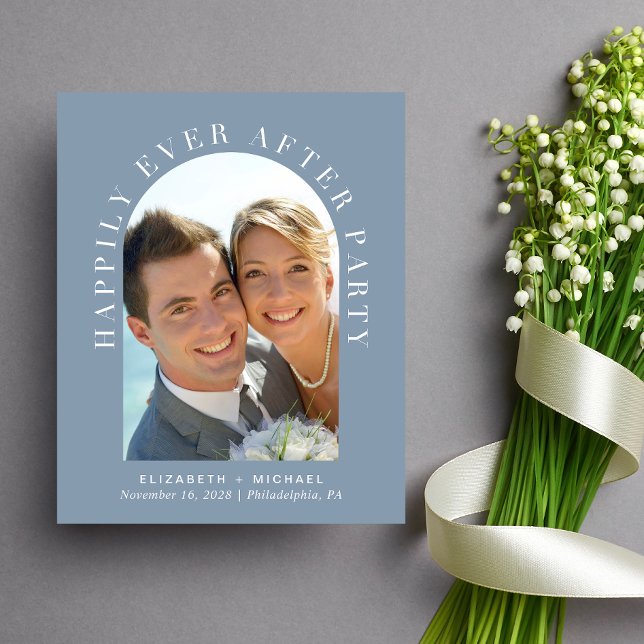 Arch Foto QR Code Dusty Blue Empfang Einladung (Celebrate your love story with an invitation showcasing your favorite photo in an elegant arch frame)
