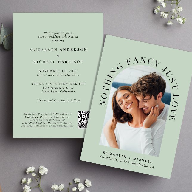 Arch Foto QR Code Nichts Extravagant nur Liebe Hoc Einladung (Celebrate your love story with an invitation showcasing your favorite photo in an elegant arch frame)