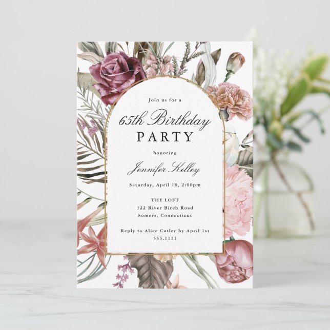 Arch Frame Botanische Geburtstagsparty Elegante Einladung (Stehend Vorderseite)